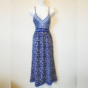 ZARA Boho Maxi Slip Dress Open Tie Back Blue & White Paisley Print Triangle